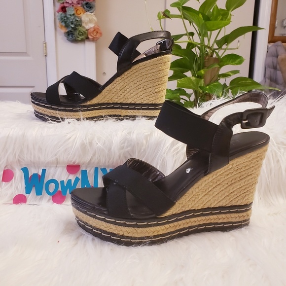 Charles David Shoes - CHARLES DAVID Strappy Black Espadrille Wedge 7